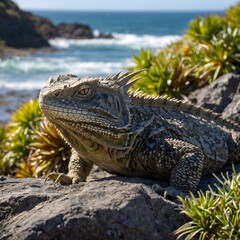 Tranquil Moment: Tuatara on Sunlit Rock with Ocean Views and Native Flora