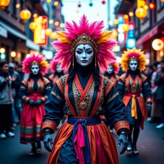 Fototapeta premium Dancers in colorful costumes performing in vibrant street festival