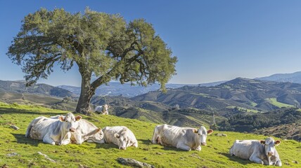 Obraz premium Tranquil Scene of Grazing Cows Under a Tree Peaceful Nature Photography for Relaxation