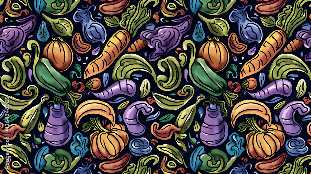 Poster colorful and intricate vegetable pattern design featuring various shapes and textures on a dark back