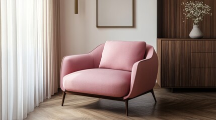 Fototapeta premium Modern interior living room design,cozy home have new pink armchair with white wall mockup with wood cabinet and wood floor parquet