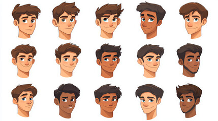 Man face constructor, avatar of caucasian male character creation heads, hairstyle, nose, eyes with eyebrows and lips. Facial elements for construction isolated on white background, cartoon vector set