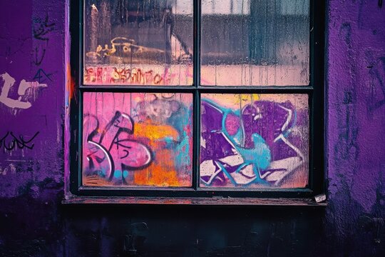 Window covered with graffiti on a purple building wall