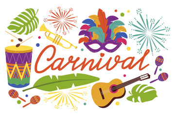 Carnival. Carnival mask, feathers, drum, guitar and fireworks, tropical leaves on white background. Hand drawn vector.