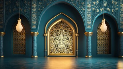 Teal and gold Islamic-style interior with ornate arches and lamps. Perfect for Ramadan, luxury, or spiritual themed designs.