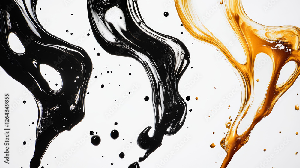 Poster black liquid splashes, swirl and waves with scatter drops. paint, oil or ink splashing dynamic motio