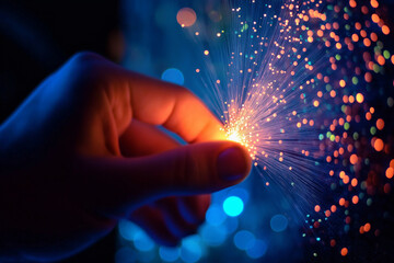 A close-up of a hand gently touching glowing fiber optic strands, symbolizing futuristic technology, digital connectivity, and innovation in communication.