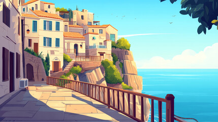 Fototapeta premium Mediterranean landscape with ancient buildings on hill at sea cliff view from wooden terrace with porch and fencing. Summer panorama with old town and blue sky at coast, Cartoon vector illustration