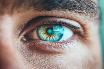 Obraz premium Captivating close-up of a human eye with striking colors and intricate patterns revealing emotions in vivid detail