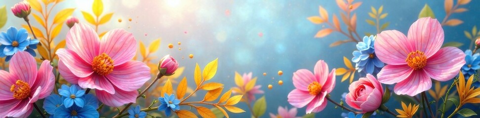 Naklejka premium Vibrant floral arrangement with soft pink and blue hues amidst yellow foliage , pink, flowers, arrangement