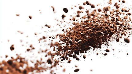 Isolated flying cocoa powder top view on transparent background. Brown coffee dust particles vector texture. 3d arabica granule explode illustration. Realistic caffeine grainy stroke design template