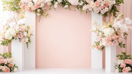 A beautiful floral backdrop features pink and white flowers, elegantly arranged on white pillars against a soft pink background, perfect for events.
