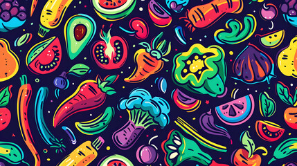 Vibrant and Colorful Illustration of Various Fresh Vegetables and Fruits on Dark Background