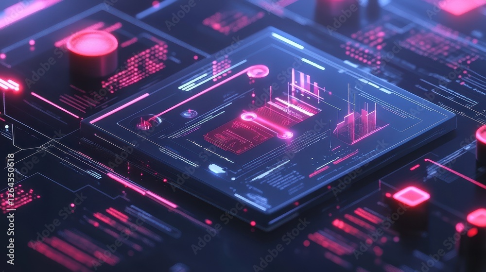 Poster abstract glowing digital interface, data streams flow across a futuristic screen. ideal for tech, ai