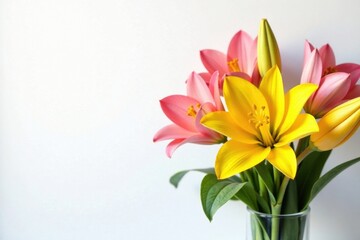 Fototapeta premium Vibrant floral bundle with yellow and pink hues on a white background, pink, vibrant, bundle