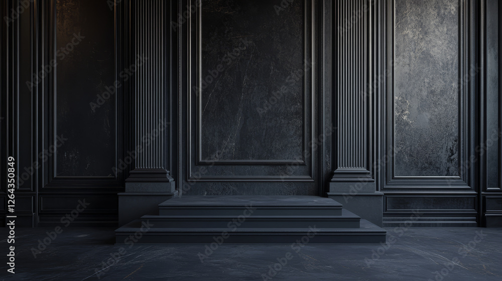 Poster background vector 3d black render with podium black 3d and minimal black wall scene, minimal podium 