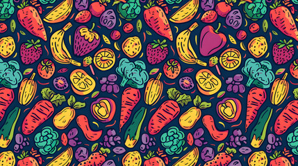 Colorful illustration of various fruits and vegetables arranged in a seamless pattern on a dark background