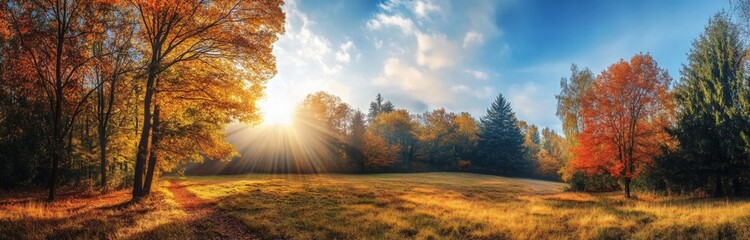 Autumnal Forest Panorama: Golden Sunbeams, Vivid Trees, Serene Landscape