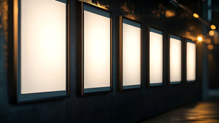 Black movie posters mockup. Blank picture frames on dark wall background in cinema, theater, museum or gallery interior. Empty advertising banners with border and backlight realistic 3d vector mock up