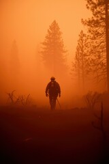Fototapeta premium Firefighter walks through foggy forest, controlled burn, smoke fills the air