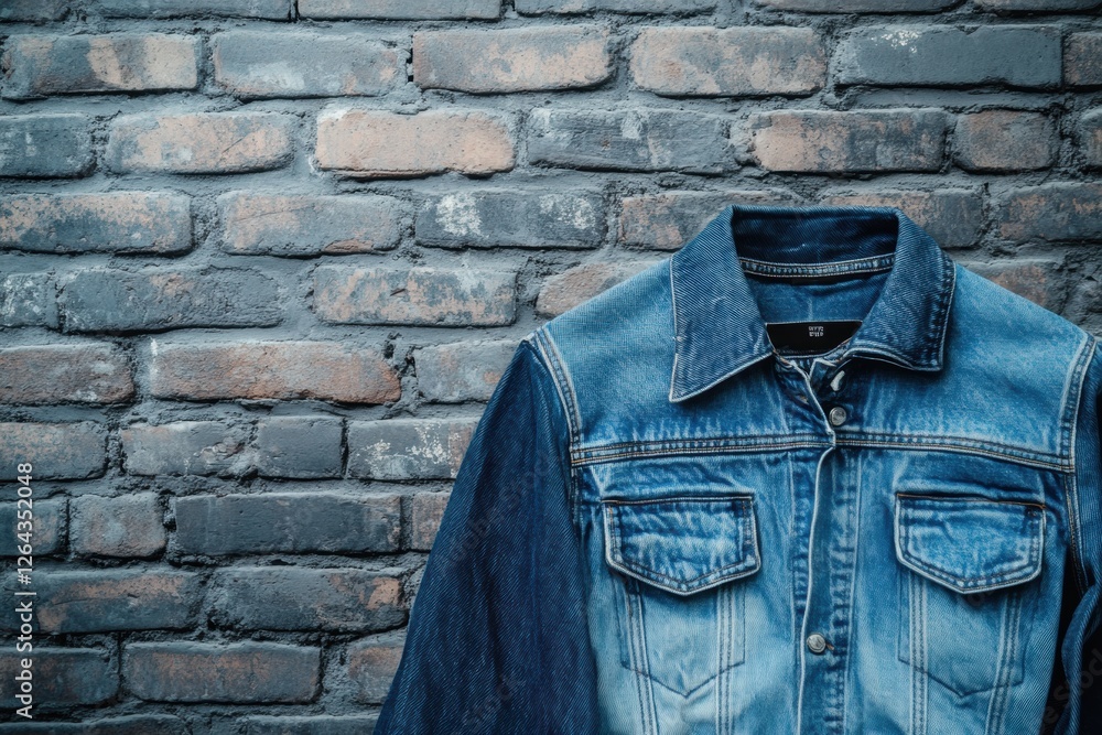 Poster denim jacket displayed against a rustic brick wall creating a stylish backdrop for fashion promotion
