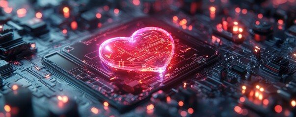 Digital Heart on Circuit Board Background with Glowing Effects