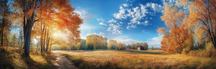 Autumnal Countryside Panorama: Sunlit Path, Golden Trees, Serene Landscape