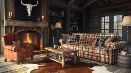 Wild west living room empty interior with western rustic style furniture. Cartoon vector fireplace with horns and candles, couch with plaid, armchair, table, floor lamp, bookshelf and cow skin rag