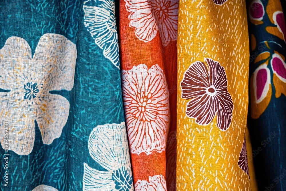 Aufkleber Close up view of beautifully patterned fabrics featuring floral and geometric designs with space for personalized text. Generative AI