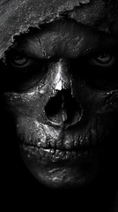 Dark and haunting close-up of a skull with intense eyes, evoking themes of mortality and fear