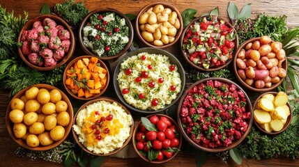 Exquisite arrangement of fresh vegetables and garnishes in rustic bowls on wooden table