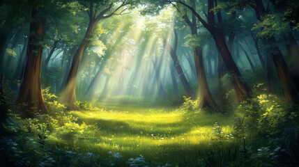 Obraz premium Deep forest with sunny glade, green grass and tree trunks silhouettes. Vector cartoon illustration of summer woods landscape with sunshine beams. Jungle panorama with green lawn