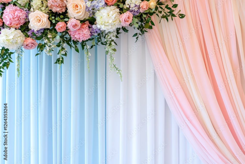 Poster a floral backdrop featuring pastel-colored drapes and an array of roses, creating a soft and elegant