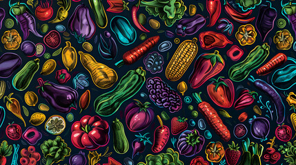 Fototapeta premium Colorful arrangement of various vegetables and fruits on a dark background, ideal for culinary themes