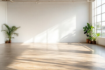 Bright and spacious interior with sunlight and greenery in an open urban studio