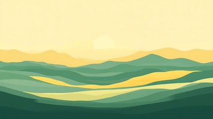 Obraz premium Serene Sunset Over Rolling Green Hills And Yellow Fields