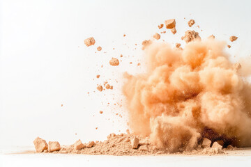 Cloud of dust rises dramatically from the ground during an explosive event in a barren landscape