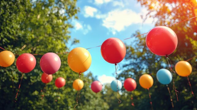 Colorful balloons hanging in a lush outdoor setting under bright blue skies
