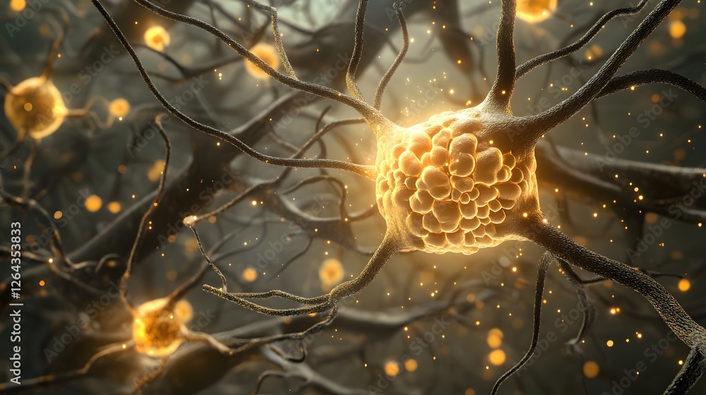 Aufkleber glowing neural network synapse abstract microscopic biology concept with bright luminous electricity