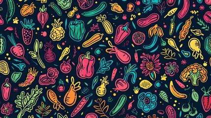 Fototapeta premium Vibrant assortment of hand-drawn vegetables and fruits on a dark background, perfect for culinary designs