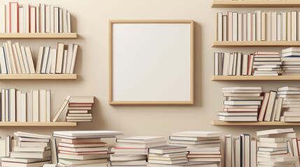 Books stacks on shelves for home interior. Bookshelves with paper literature in blank white covers in rows and piles and empty picture frame, vector realistic illustration