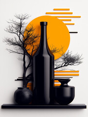 Black Bottle Still Life: A minimalist still life featuring a sleek black wine bottle, positioned centrally against a backdrop of stylized, barren trees and a vibrant orange sun.