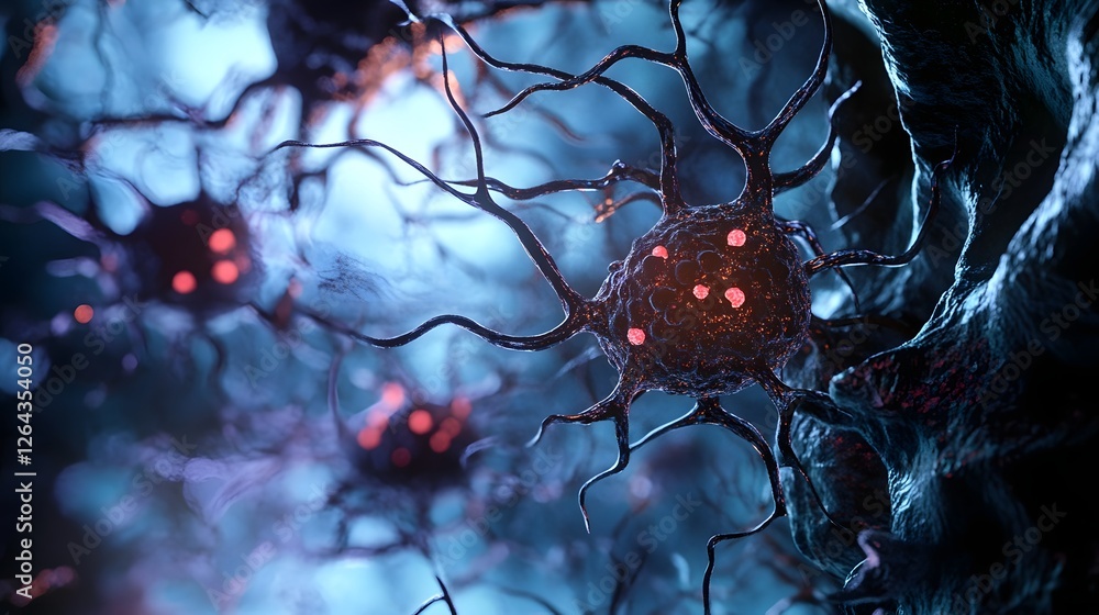 Poster glowing neuron network intricate synapse patterns of interconnected brain cells depicting neural com
