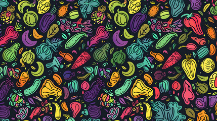 Colorful pattern of various fruits and vegetables on a dark background, suitable for textile design