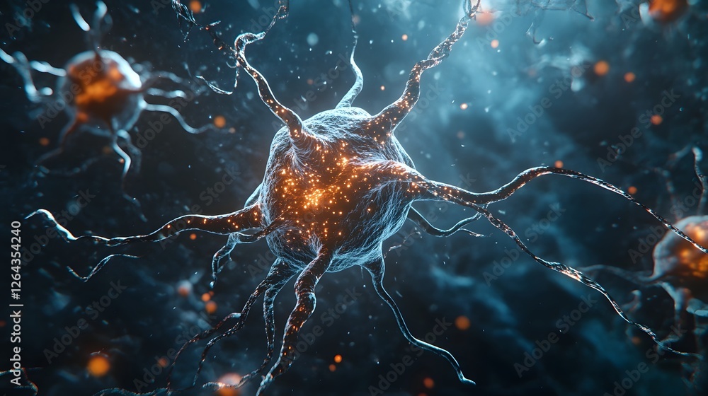 Aufkleber Glowing Neuron Synaptic Discharge in Abstract Digital Fractal 3D rendering of a neural network with electrical impulses and signals flowing through the connections in a futuristic scientific design