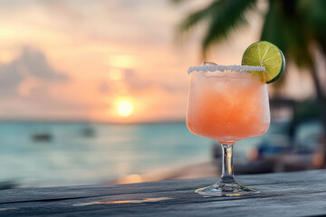 Sunset cocktail on the beach with palm trees and a vibrant sky during evening hours