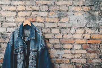 Denim jacket hanging on rustic brick wall with blank space for promotional text or design ideas. Generative AI