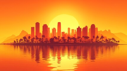 Fototapeta premium Sunset Metropolis Silhouette Tropical Island Skyline Reflection Vibrant Orange Hues