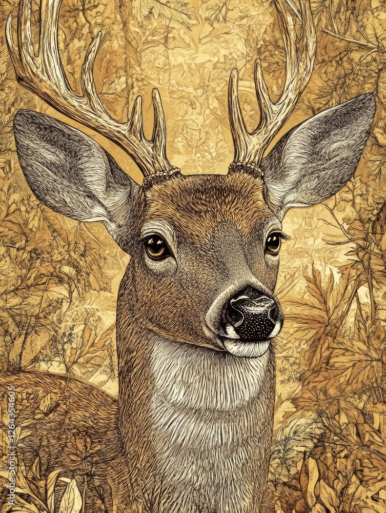 Poster engraved deer portrait featuring intricate line work and sepia tones with space for personalized tex
