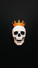 A stylized skull adorned with a golden crown against a black background, symbolizing royalty and mortality